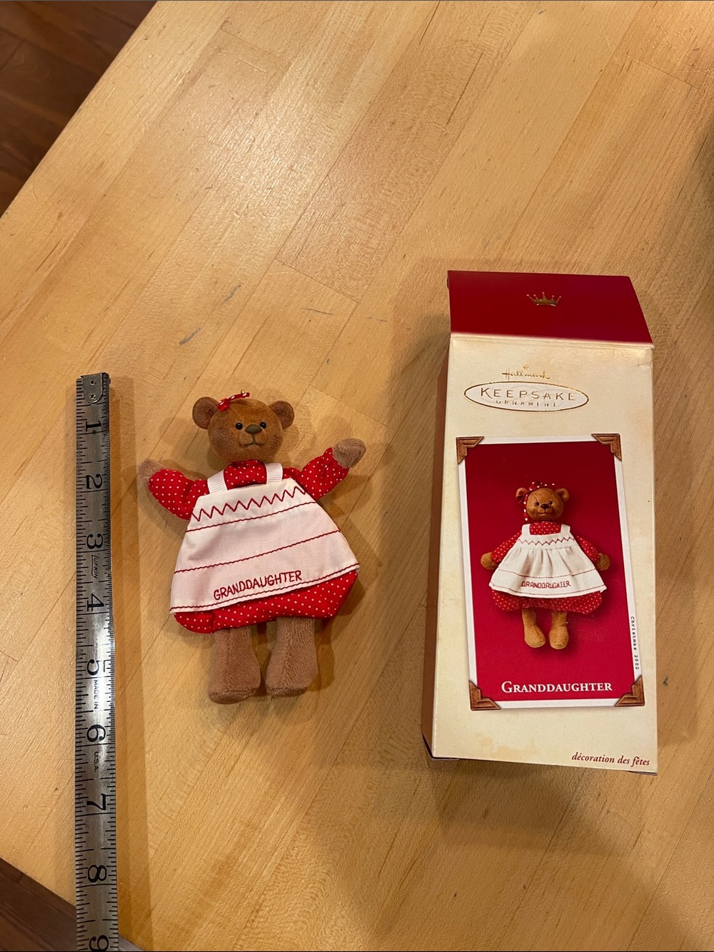 2002 Hallmark Keepsake 'Granddaughter' Bear Ornament - Red & White Dress